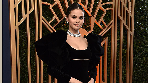 Who made Selena Gomez's black dress, leopard slingback pumps, and sequin  handbag? – OutfitID